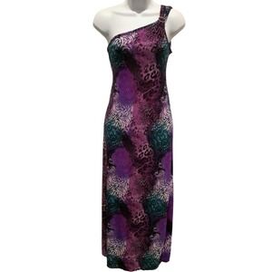 PARADISE CONTOUR ONE SHOULDER STRETCH KNIT PRINT MAXI DRESS L JUNIORS